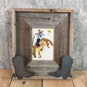 Western Framed Bucking Bronco Cross Stitch 11X13 Barnwood